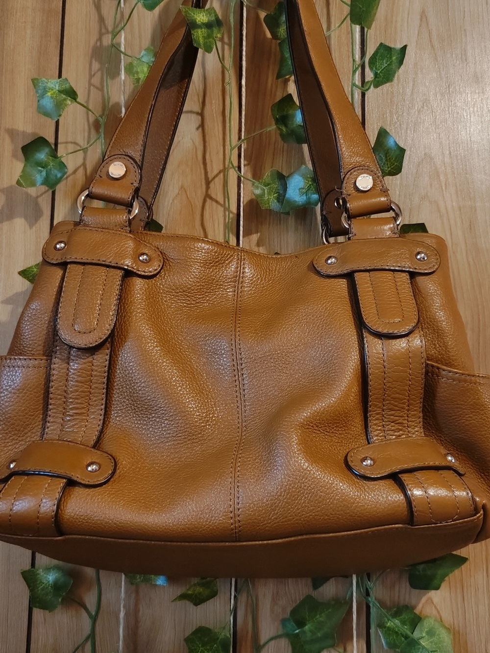 Tianello Tan Leather Shoulder Bag with Stud Accents
